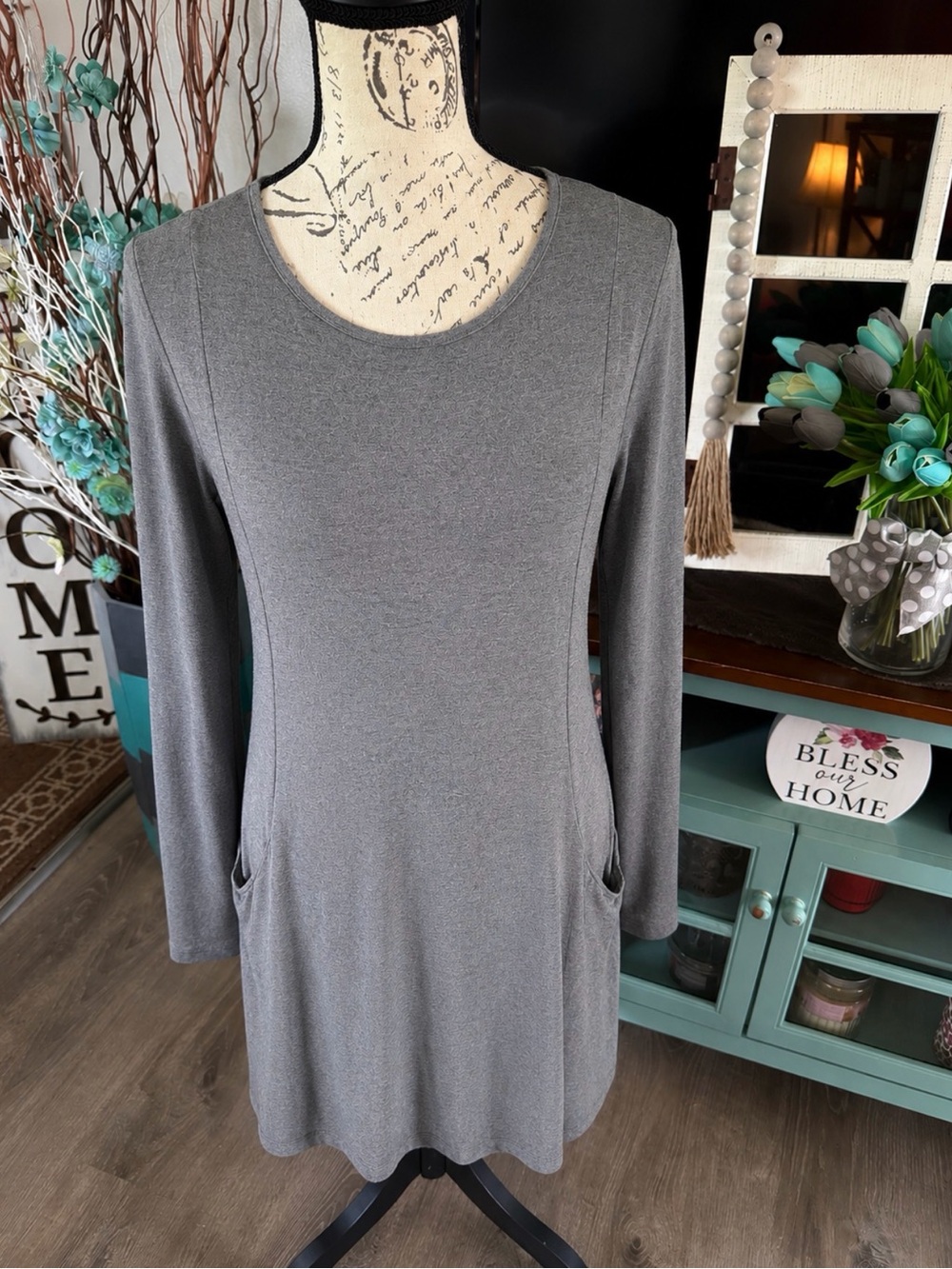 mts Gray Long-Sleeve Knit Tunic Dress Large